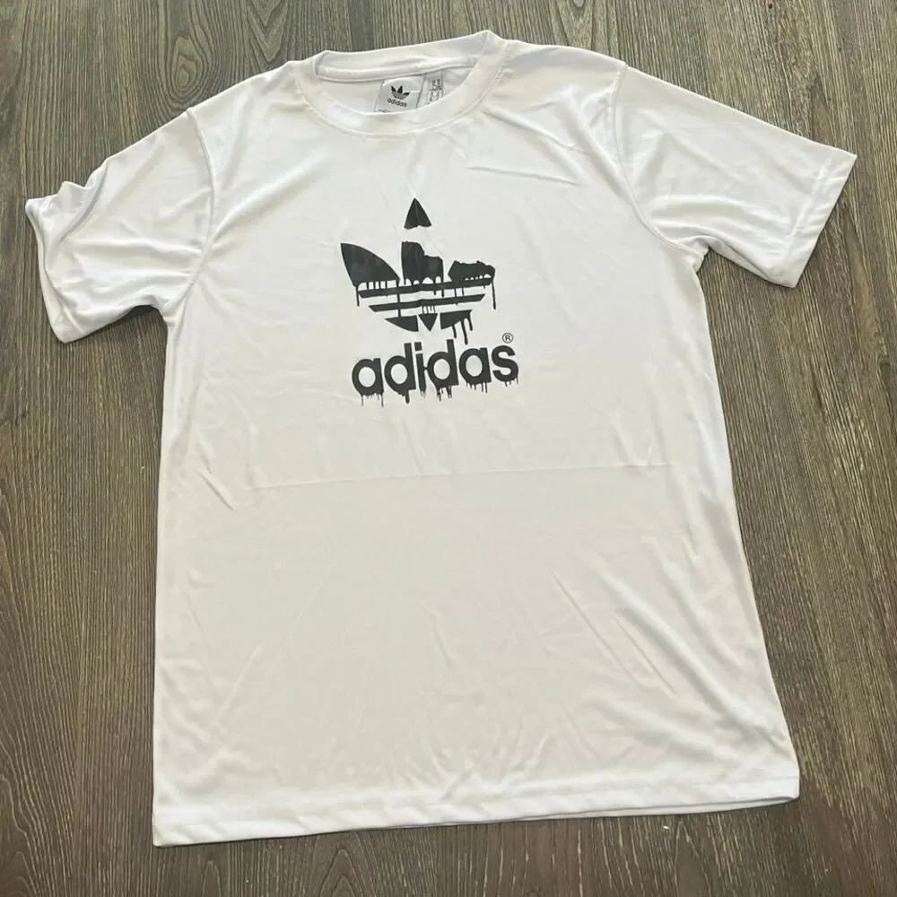 Adidas Boys Youth T-Shirt Short Sleeve Logo Print Crewneck White Black Size XL